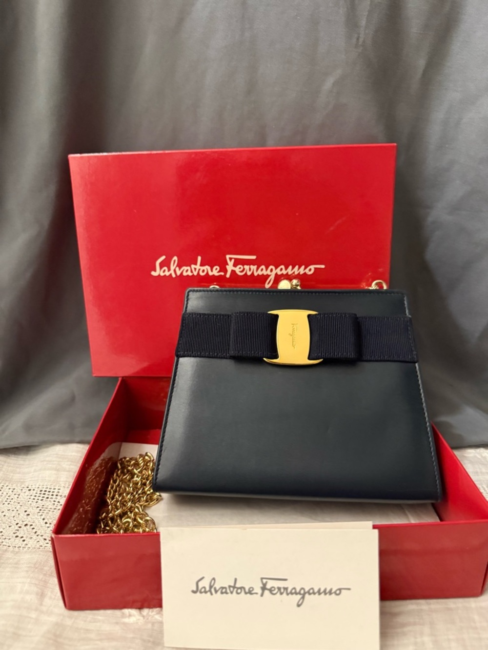 Salvatore Ferragamo Black Leather Vara Bow Crossbody with Gold Hardware